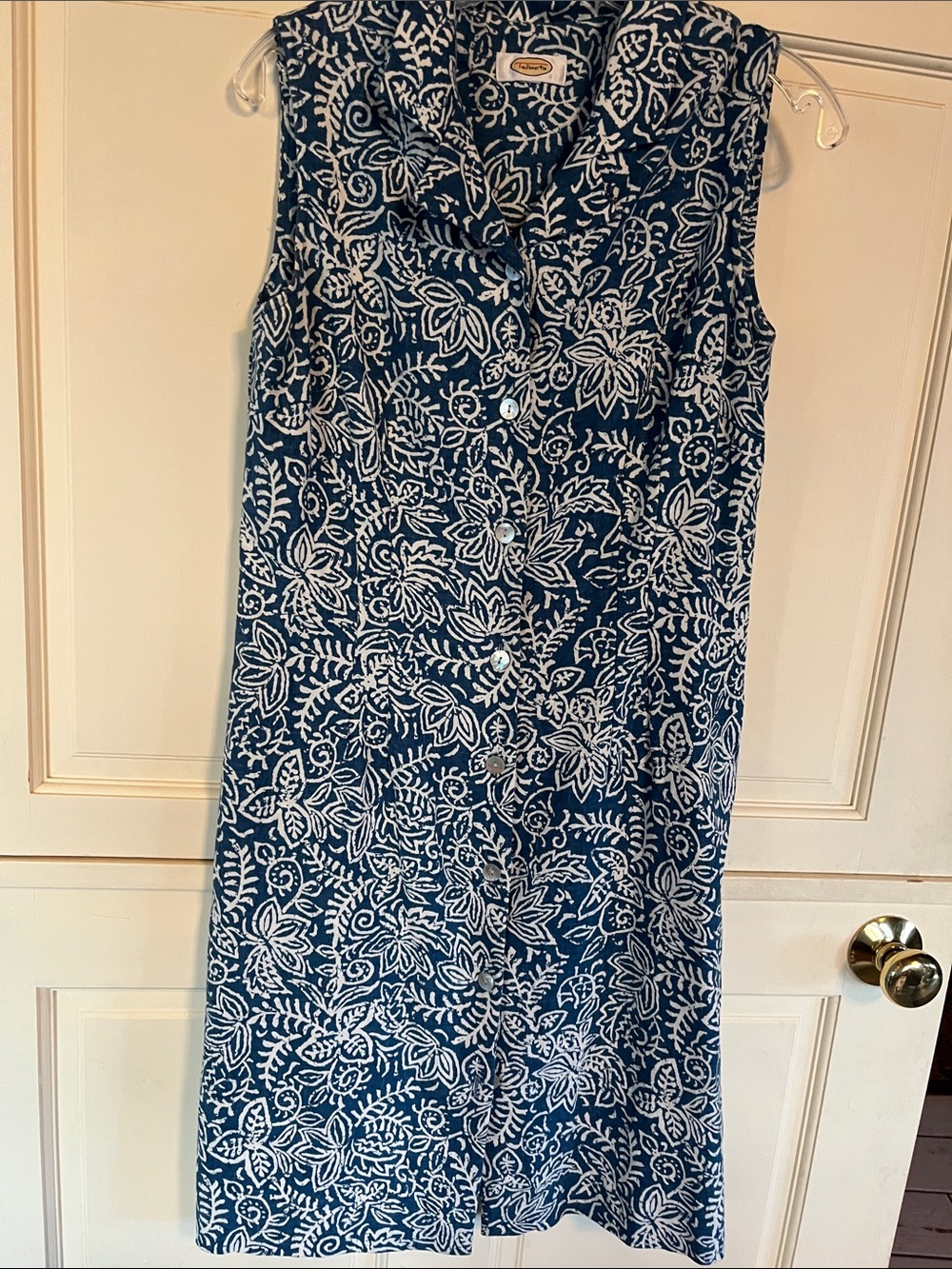 Vintage Talbots Blue White Floral Linen Blend Shirt Dress Sleeveless